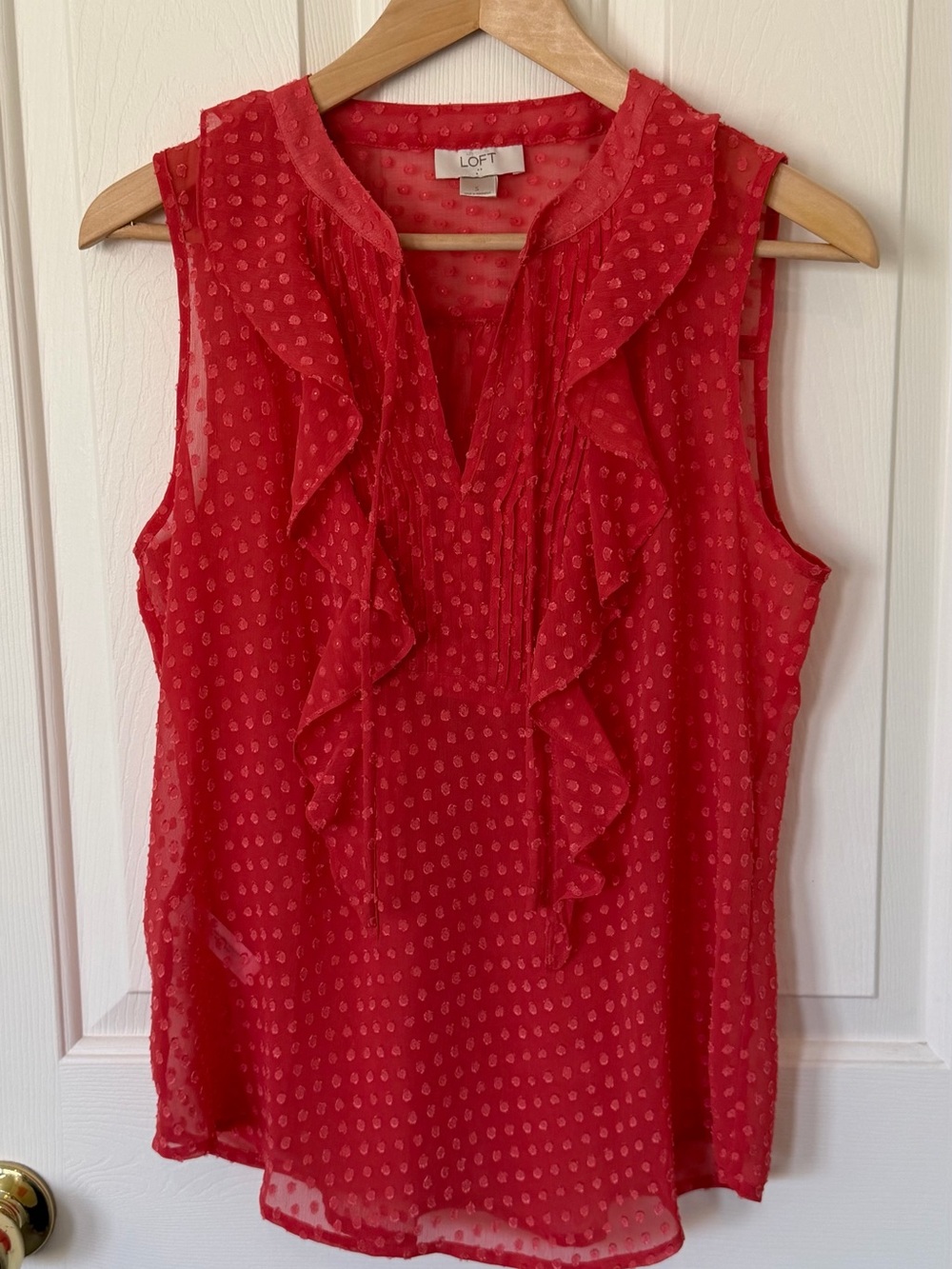 LOFT Bright Red Sleeveless Ruffle V-Neck Blouse